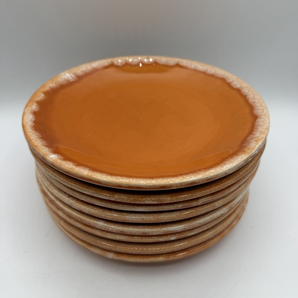Set of 8‎ Vintage Hull Tangerine Orange Drip Glaze Bread Plates 8.5" Round USA